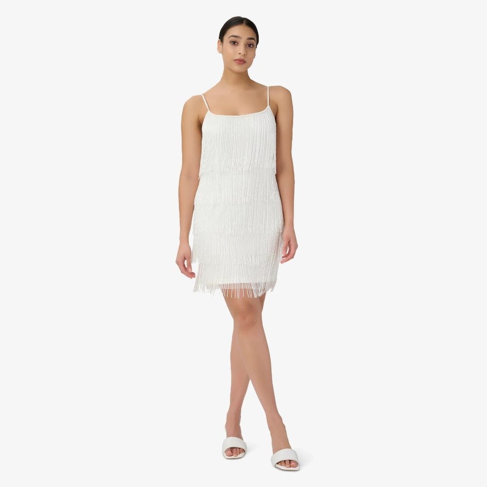 ADRIANNA PAPELL Petite Beaded Fringe Shift Dress Ivory Size 4